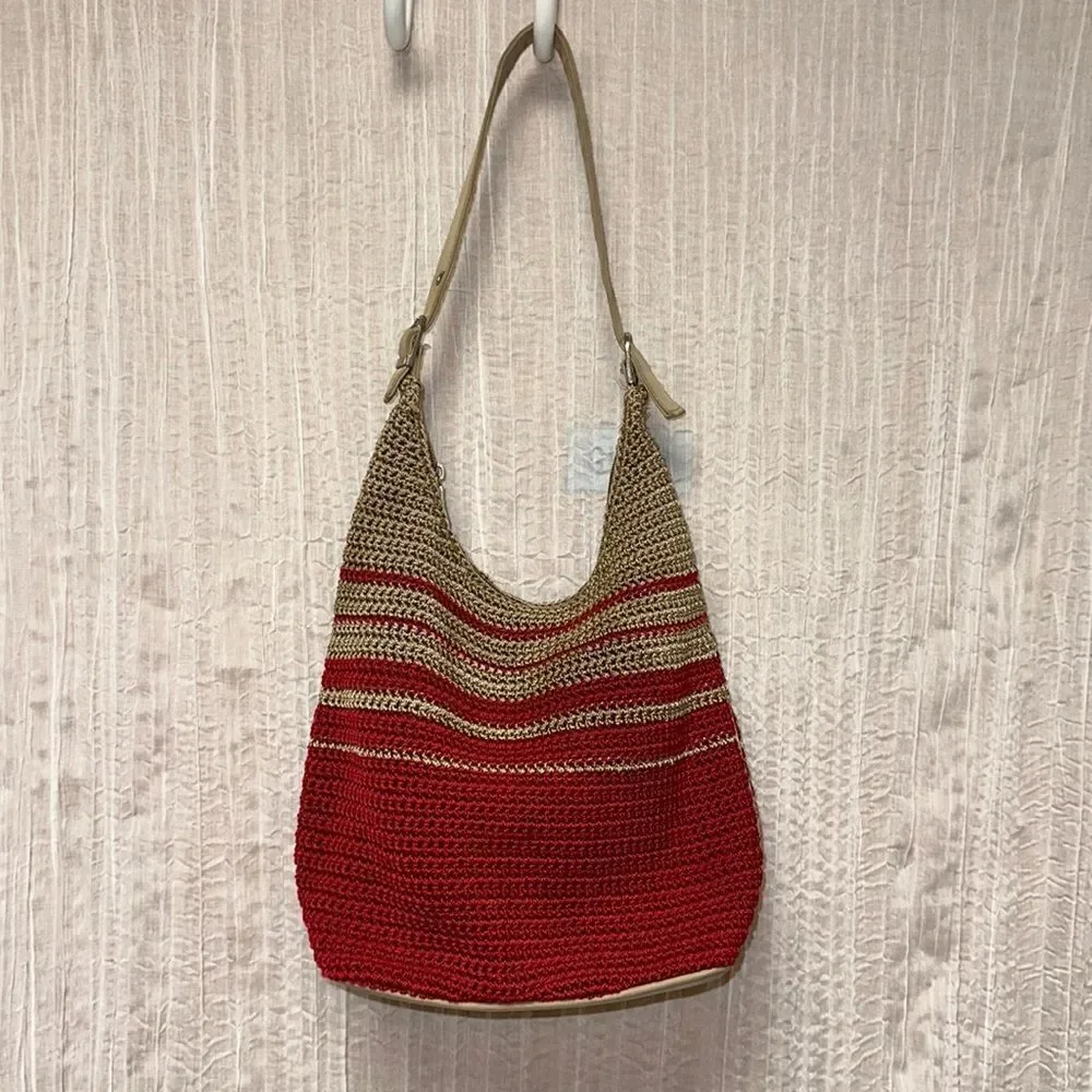 Red Tan Macrame Crochet Hobo Bag Purse
